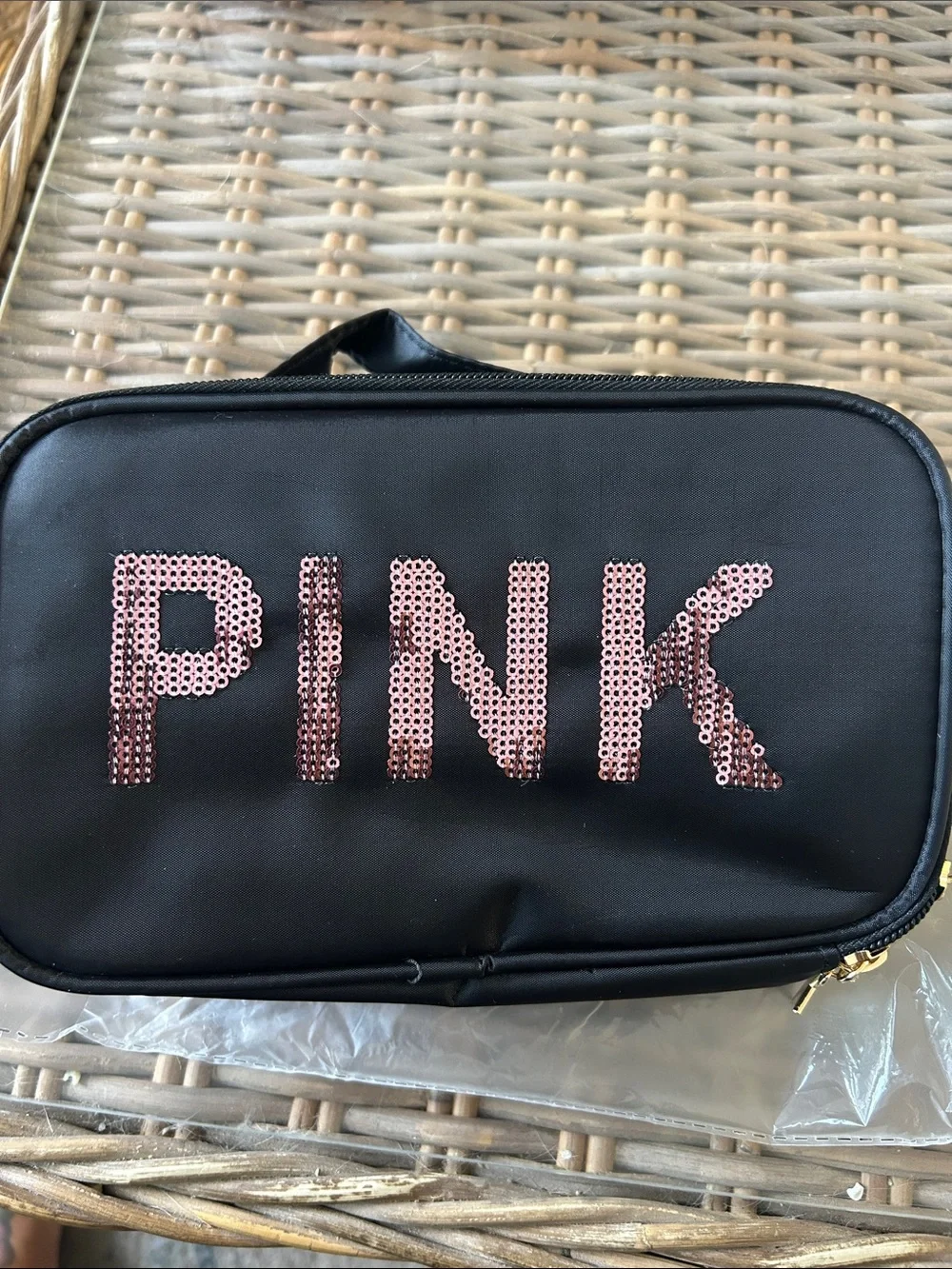 PINK Sequin Logo Black Cosmetic Case